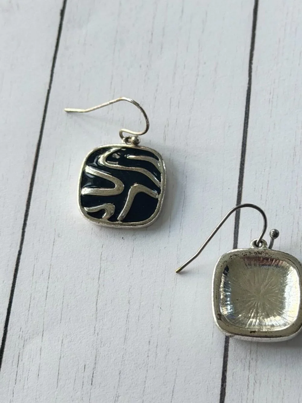 Modern Black Enamel Wave Square Drop Earrings